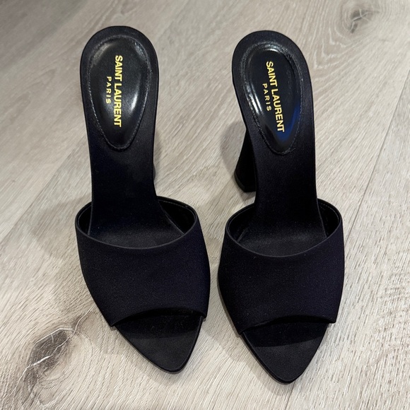 Saint Laurent Shoes - Saint Laurent Black Satin Open-Toe Slide Heels